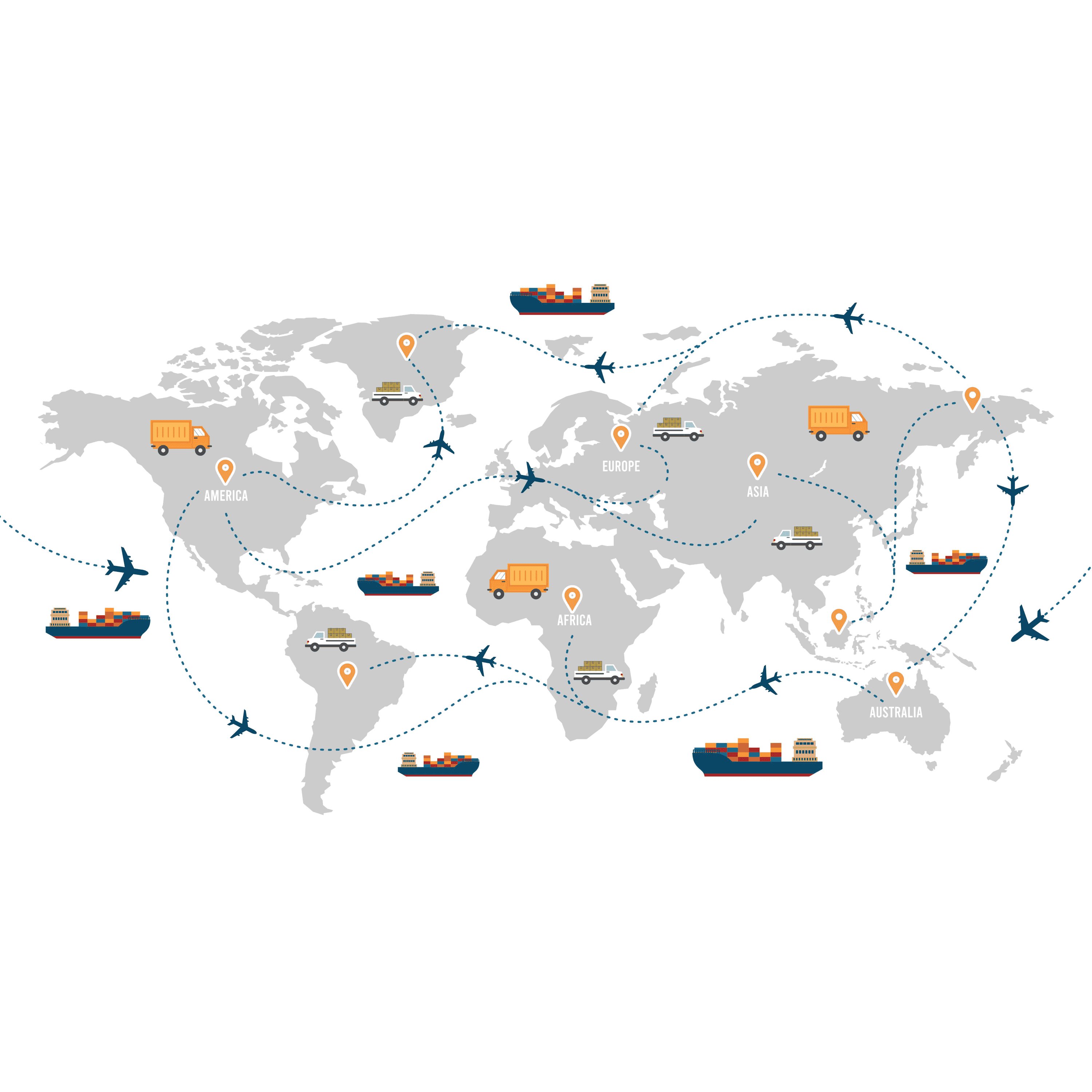 World map illustrating global logistics network with dotted shipping routes connecting America, Europe, Asia, Africa, and Australia, featuring cargo ships, airplanes, trucks, and delivery vehicles positioned across continents to represent international supply chain operations.